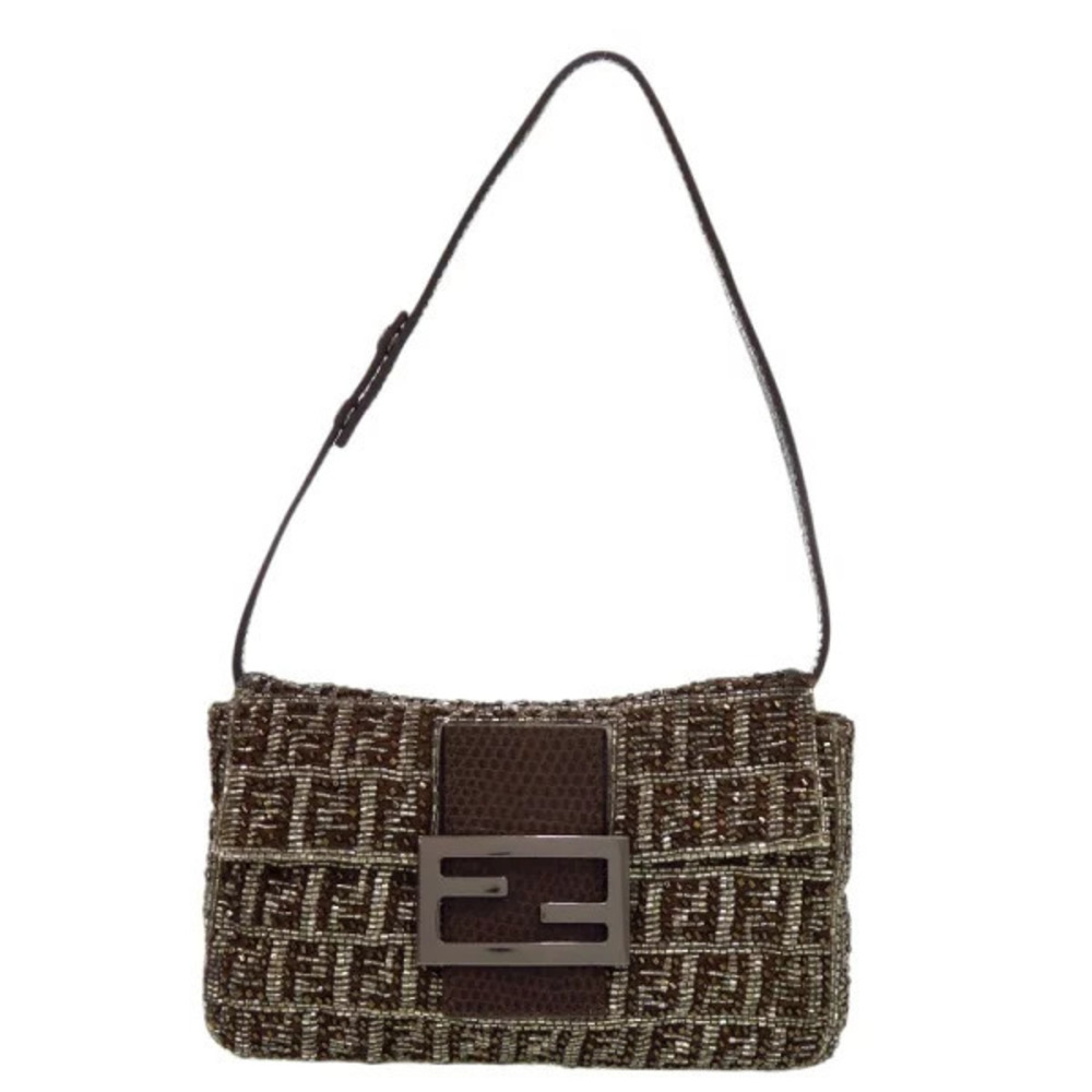 Fendi Zucchino Mamma Bucket Lizard Beaded Brown Hobo Bag